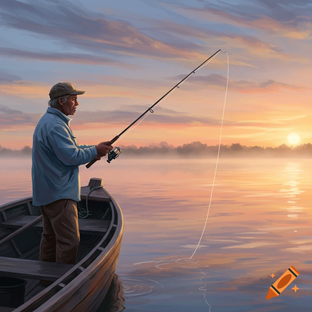 A man fishing from a boat at sunset.