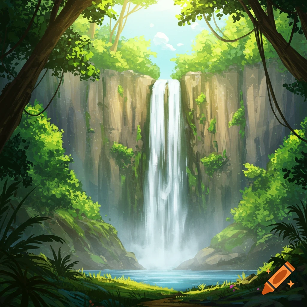 A waterfall cascades down a cliff in a lush green jungle.