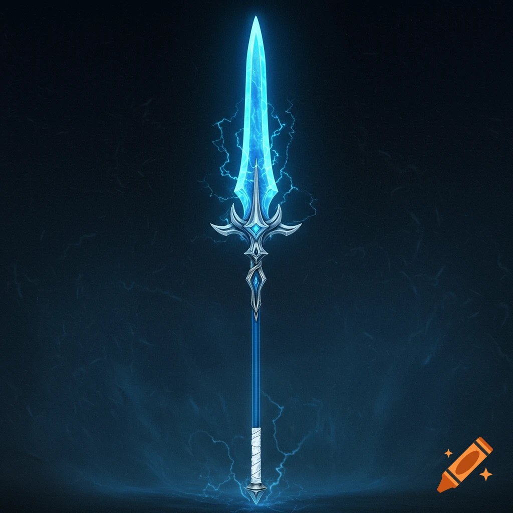 A glowing blue fantasy lance pulses with lightning against a dark background.