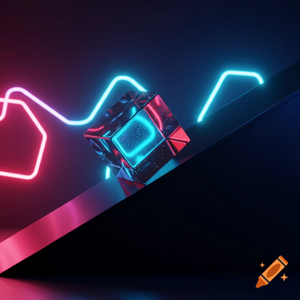 A shiny glass cube slides down a dark incline with bright pink and blue neon lines in the background.