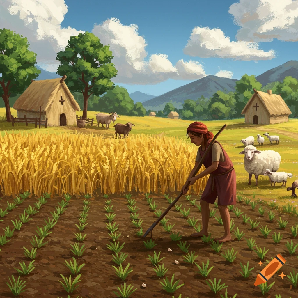 A person farming in a field, with sheep and goats nearby and huts in the background.