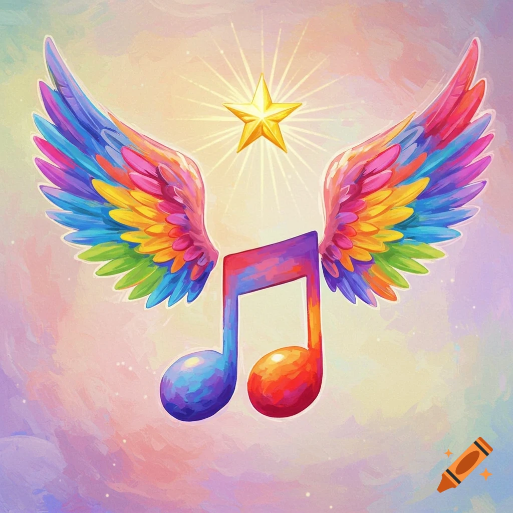 Colorful winged musical note below a shining star