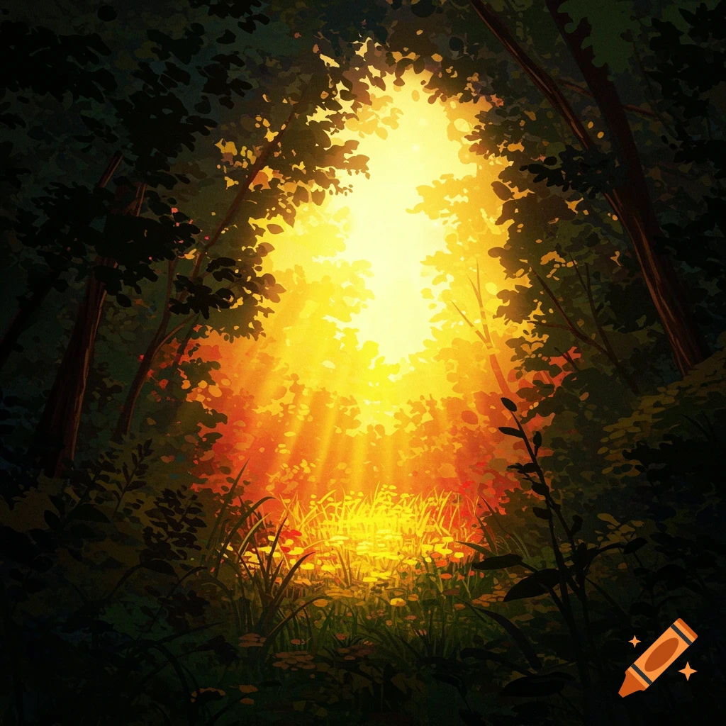 Sunlight piercing through a dark forest canopy and illuminating a clearing with bright light.