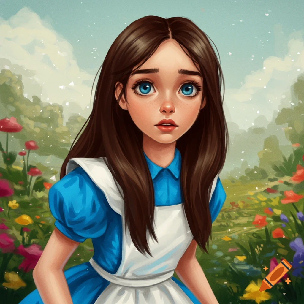 A girl resembling Alice in Wonderland in a field of flowers.