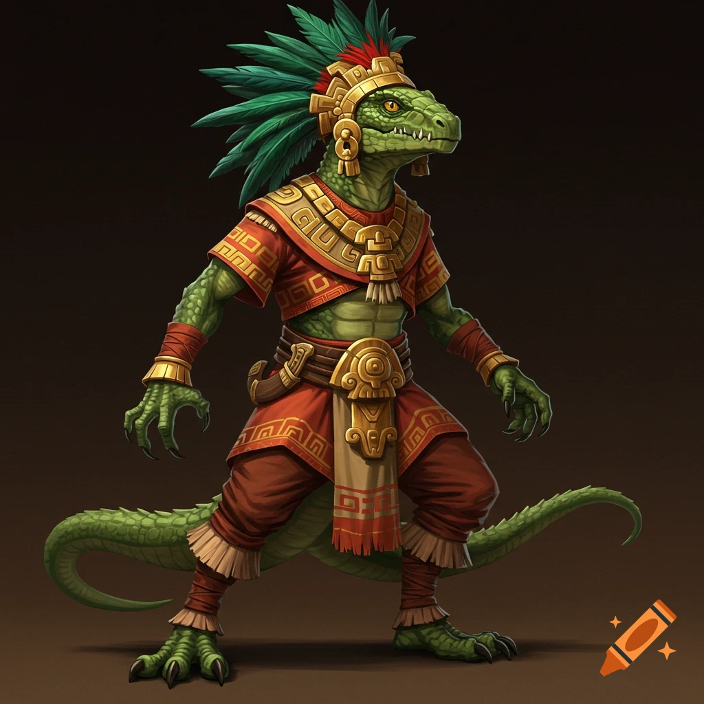 A green Lizardfolk character wears gold and red Aztec-inspired clothing and a feathered headdress.