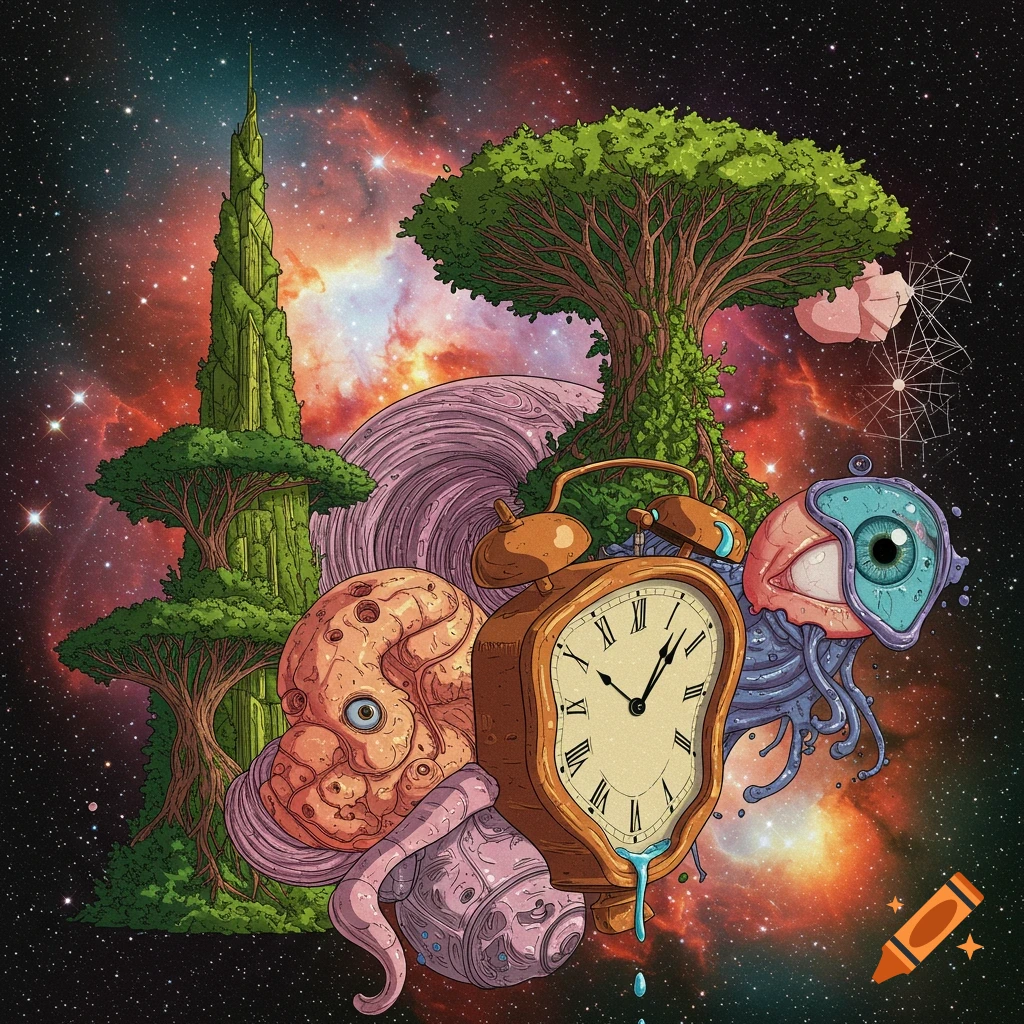 A surreal depiction of trees, brain shapes, an eye, and a melting clock floating in outer space.