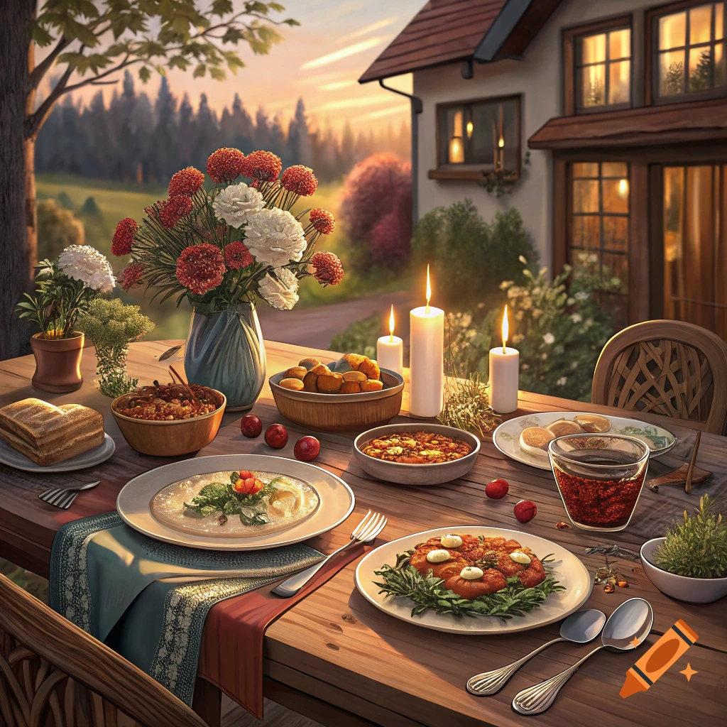 An outdoor table setting with food and candles at sunset, with a house and trees in the background.