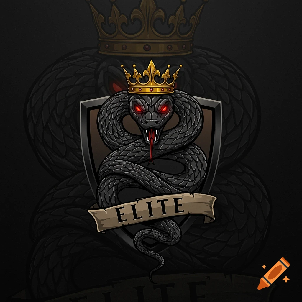 Stylized logo illustration of a black snake with red eyes, coiled around a shield, wearing a gold crown, with an 'ELITE' banner.