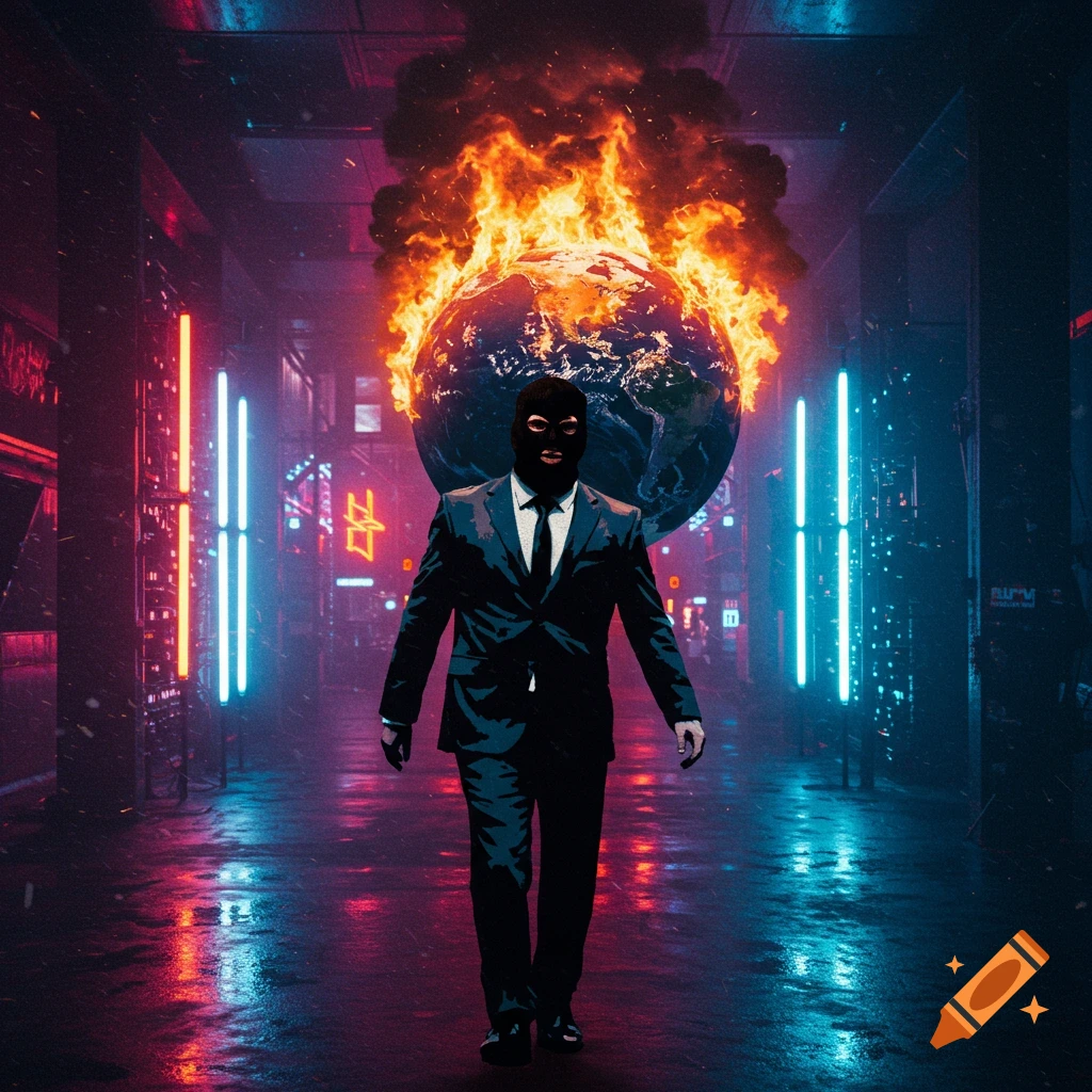 a man in a suit and ski mask carrying a burning Earth down a neon-lit futuristic street.