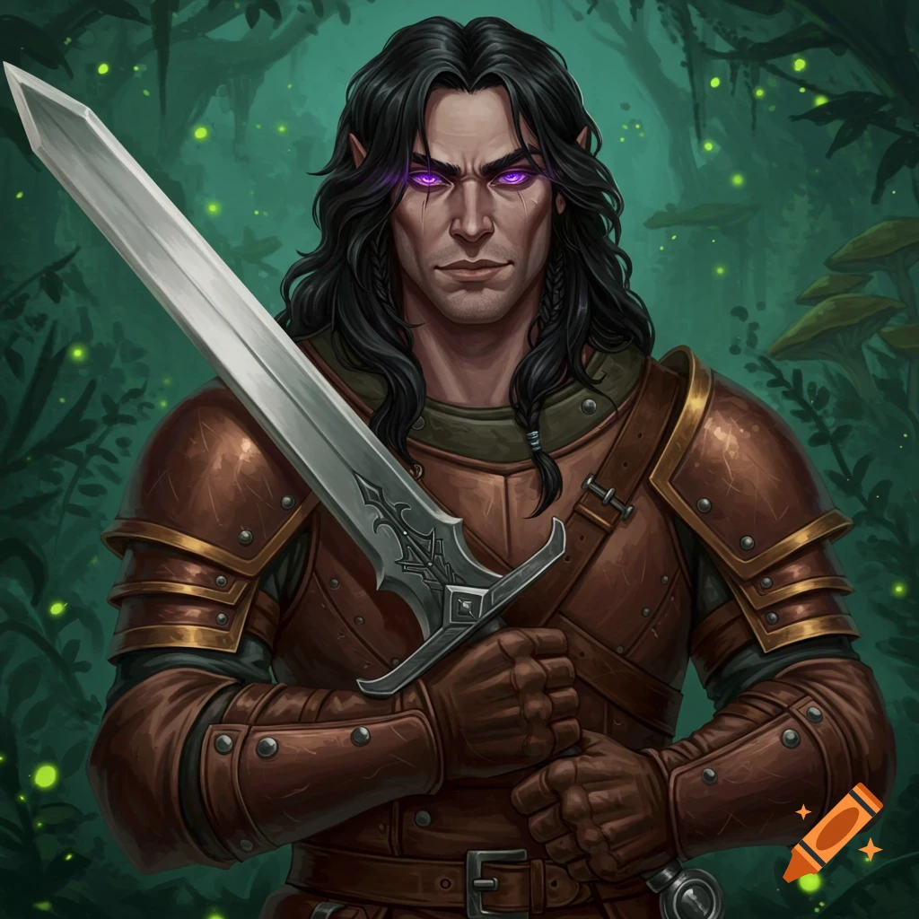 A fantasy character with long dark hair, purple eyes, in armor holding a sword in a forest.