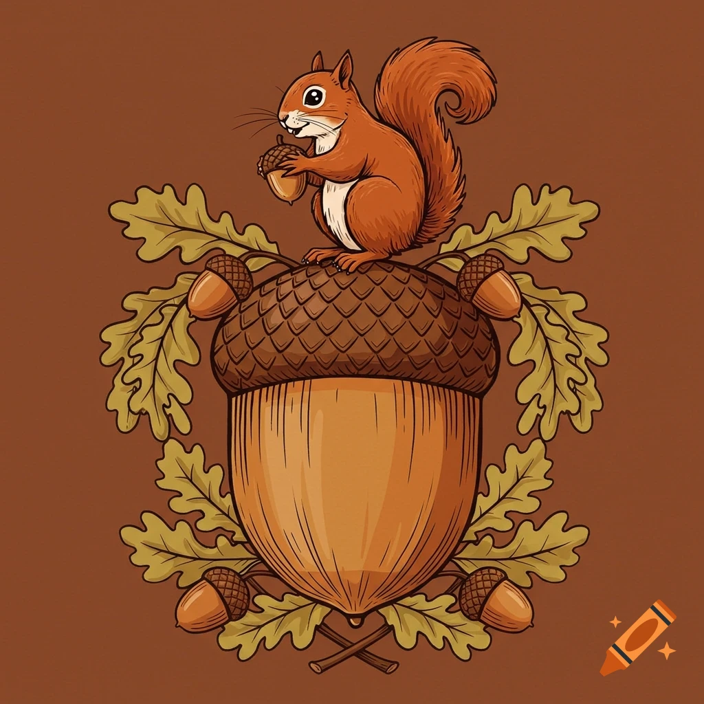 Cartoon squirrel sitting on a large acorn crest surrounded by oak leaves and smaller acorns.