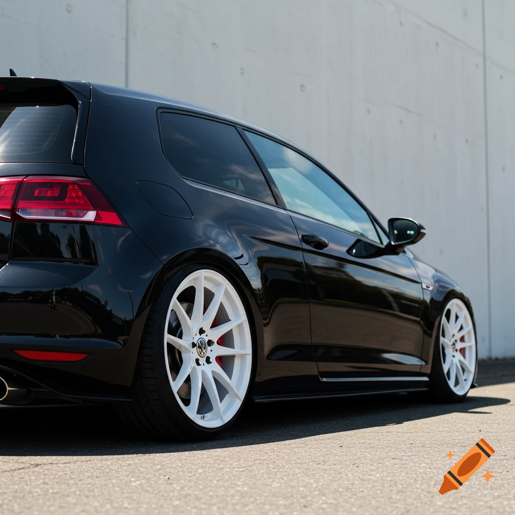 A black Volkswagen Golf GTI coupe slammed on white wheels parked outdoors.