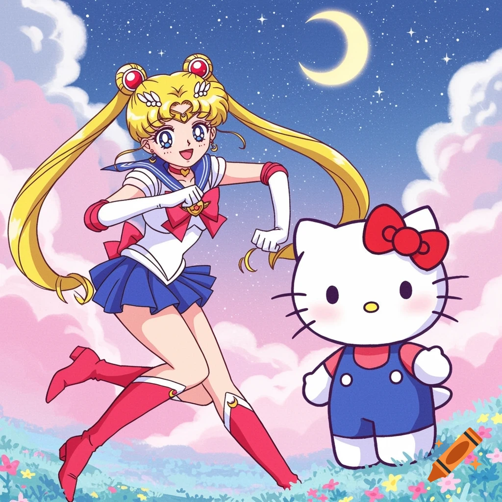 Anime illustration of Sailor Moon and Hello Kitty in a starry landscape.