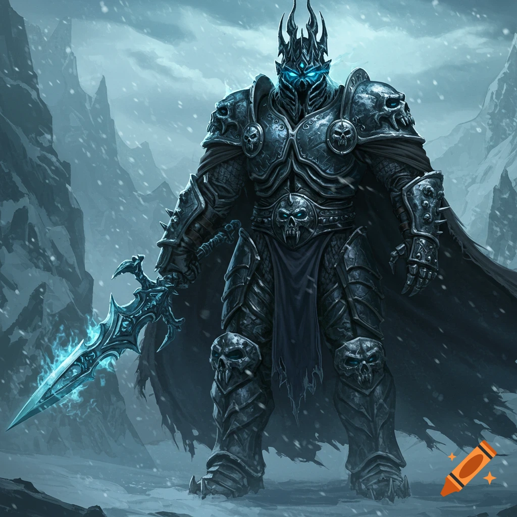 The Lich King in armor holding a glowing sword in a snowy mountain landscape.