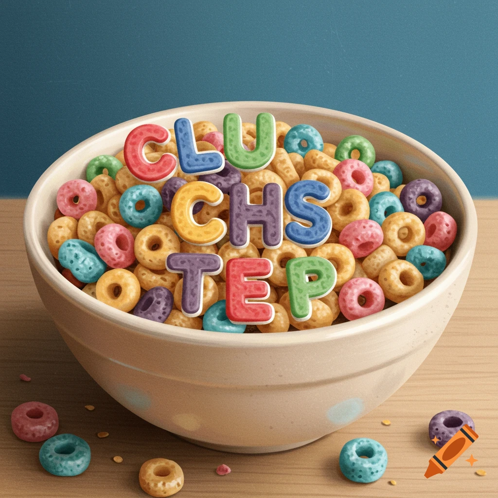 A bowl of colorful cereal with alphabet letters spelling CLU, CHS, TEP.