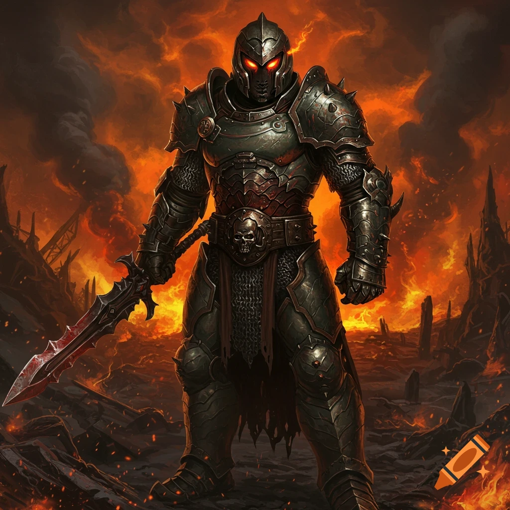 Heavily armored warrior with glowing red eyes stands in a fiery, ruined landscape.