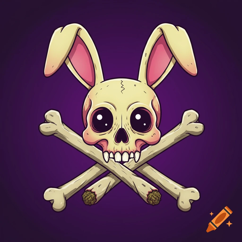 A cartoon bunny skull with large eyes and teeth, with marijuana joints crossed behind it like crossbones, on a purple background.