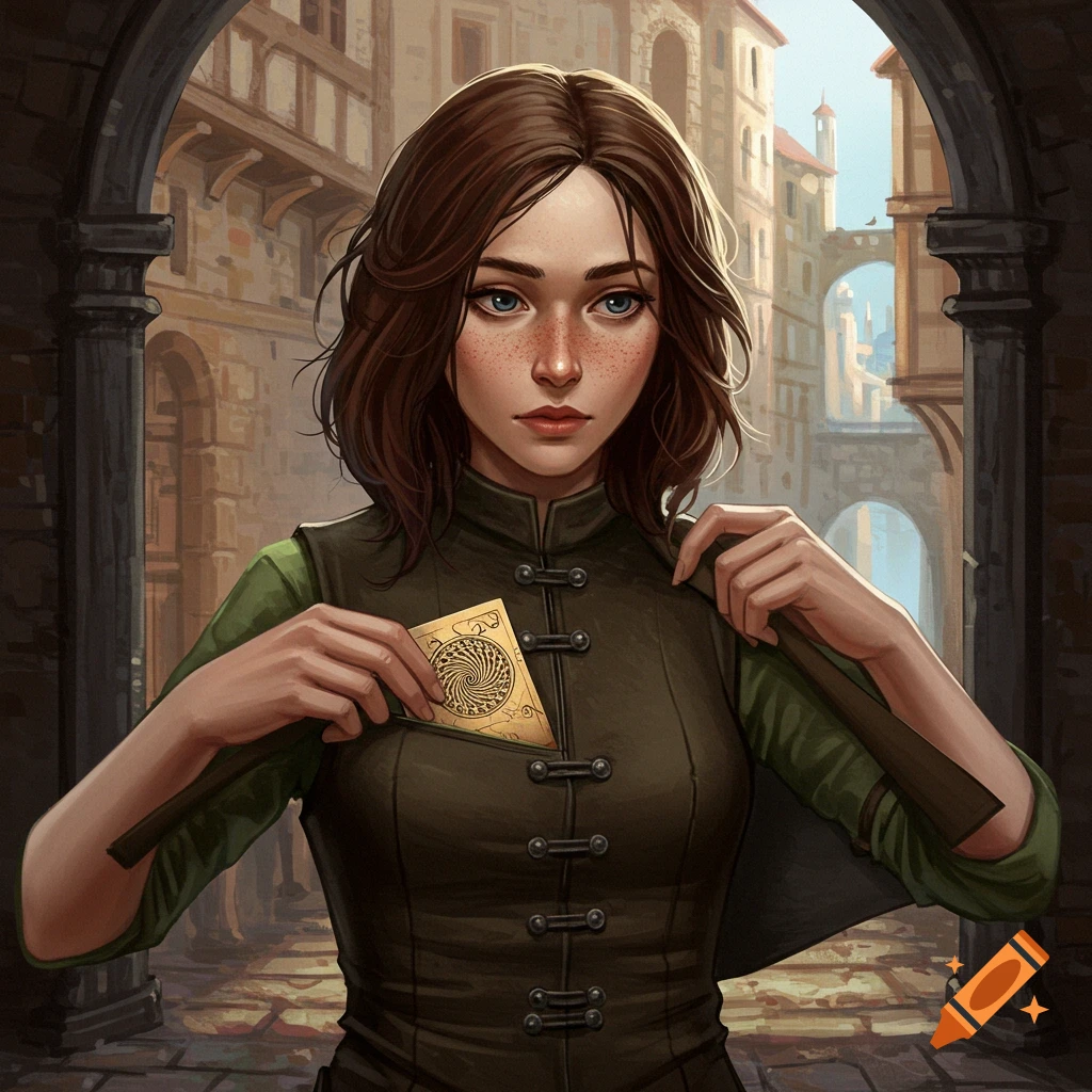 A woman in fantasy clothing putting a card into her pocket in a medieval town.