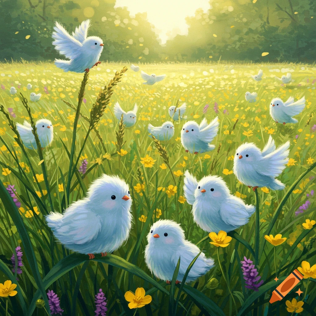 Fluffy blue birds in a field of yellow and purple flowers.