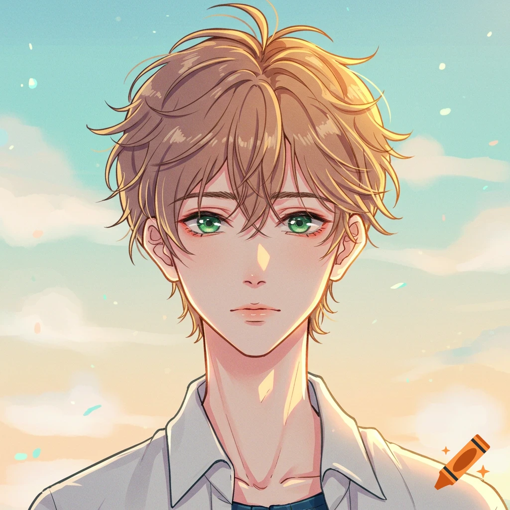 Anime portrait of a boy with light brown hair and green eyes against a sky background.