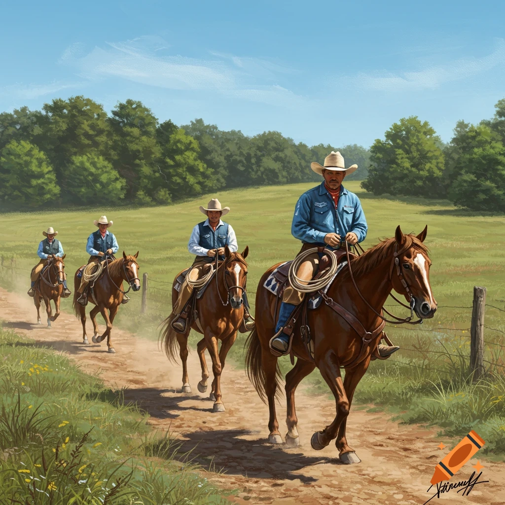 Four cowboys riding horses on a dirt path