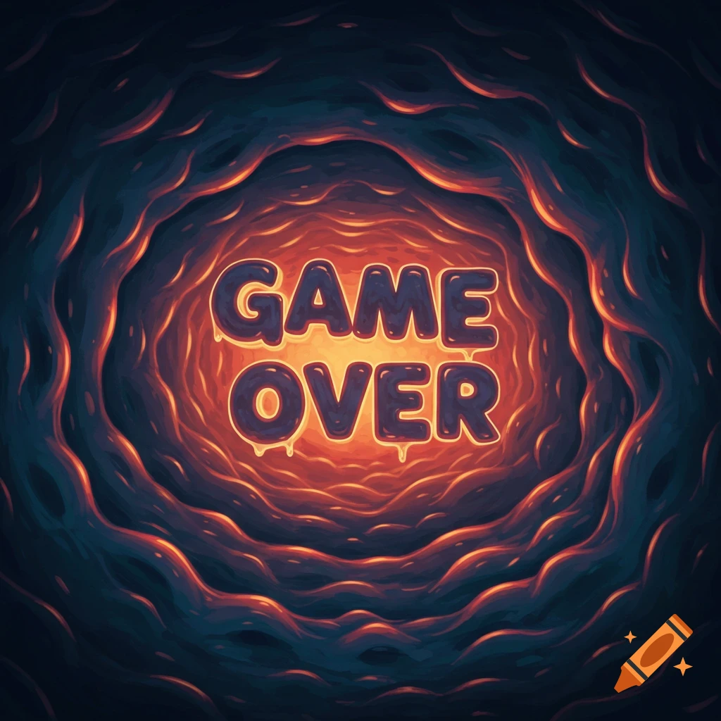 Blobby 'Game Over' text glowing in a surreal organic cave.