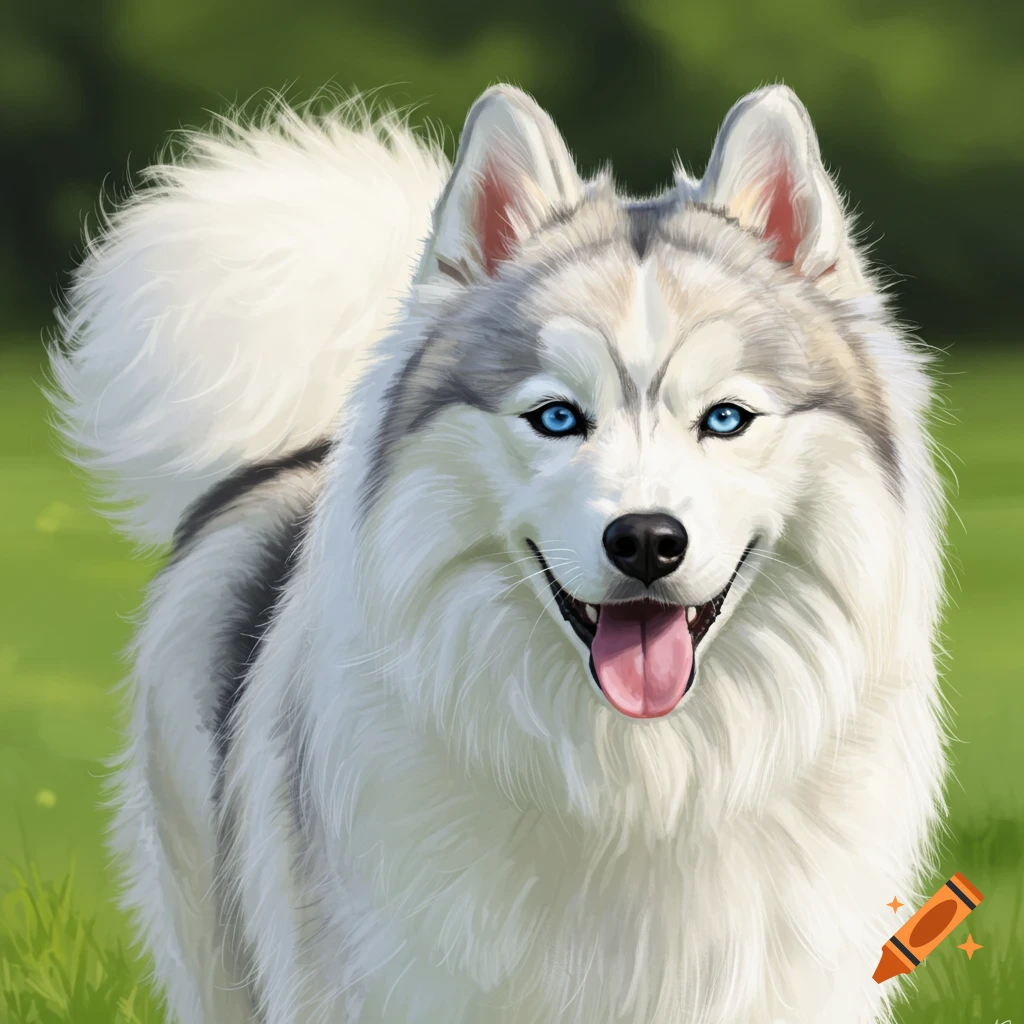 A fluffy Pomsky dog smiling in a green field.