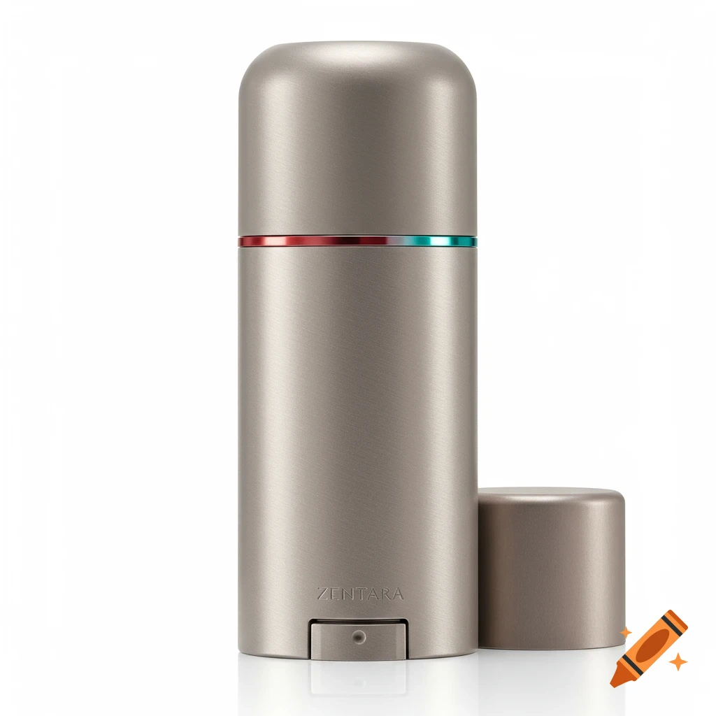 Sleek cylindrical metallic deodorant bottle with red and blue rings and Zentara logo.
