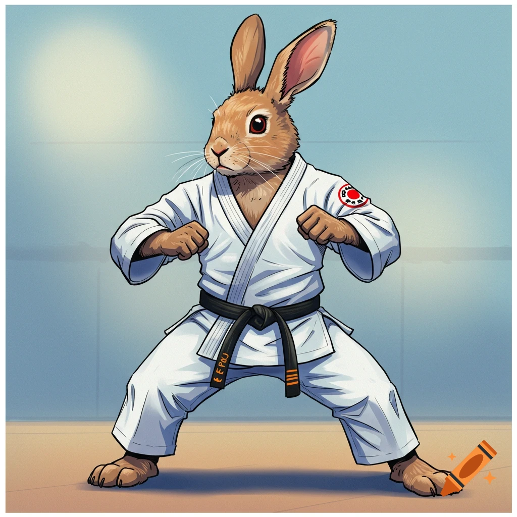 A rabbit in a gi and black belt in a martial arts stance.