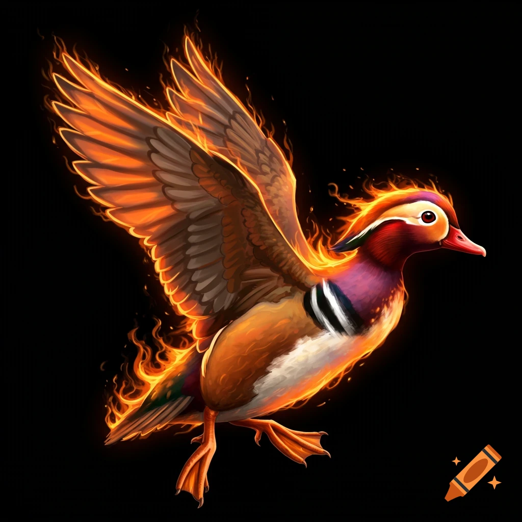 A mandarin duck in flight, surrounded by fire.