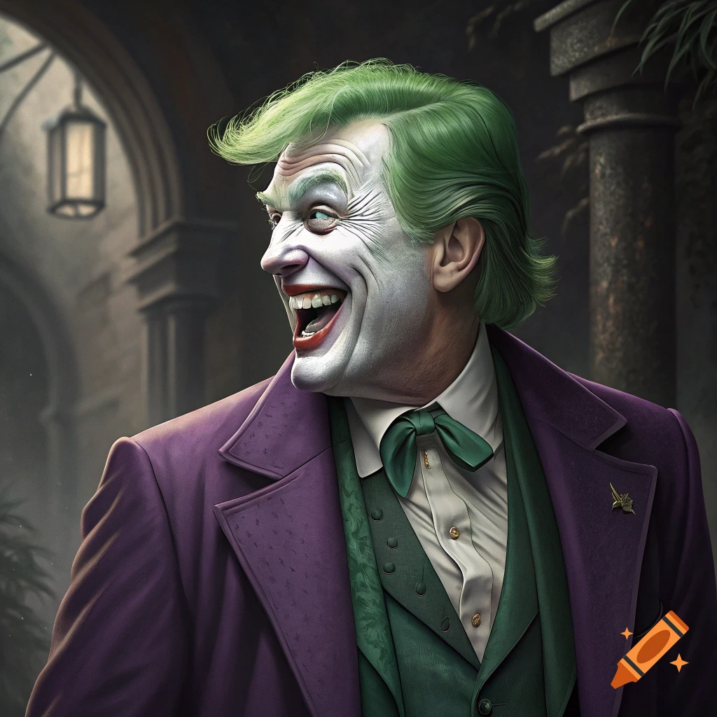 Portrait of a man in Joker makeup, green hair, purple suit, and green vest, smiling broadly.