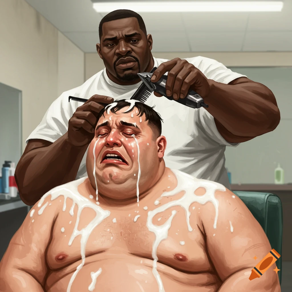 A fat man covered in white liquid is crying while a large barber cuts his hair.