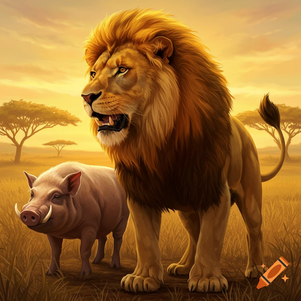 A lion and a pig standing together in a savanna at sunset.