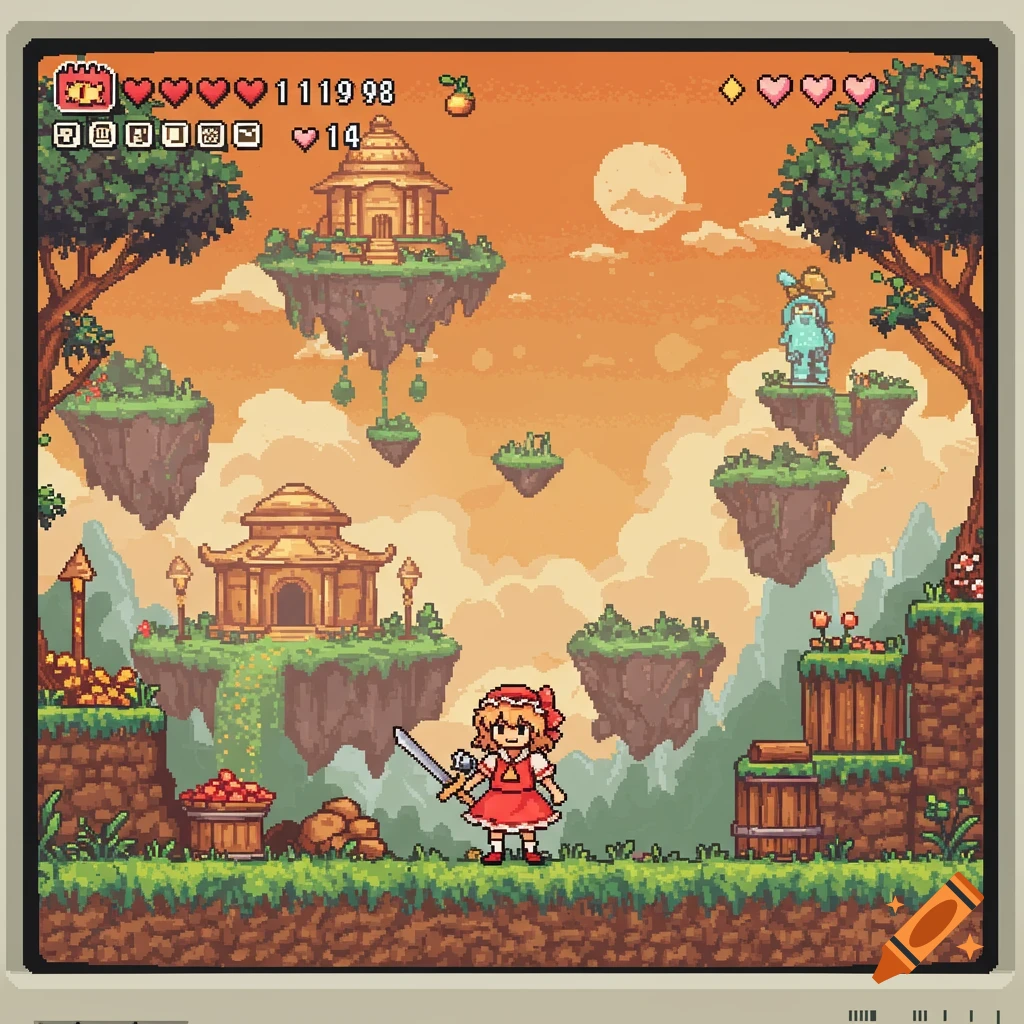 Pixel art video game scene with character, floating islands, and HUD.