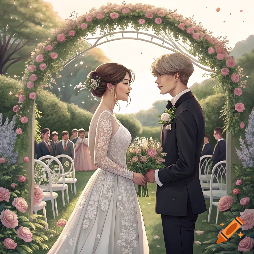 An illustration of a couple holding hands under a floral arch at an outdoor wedding ceremony in a garden.
