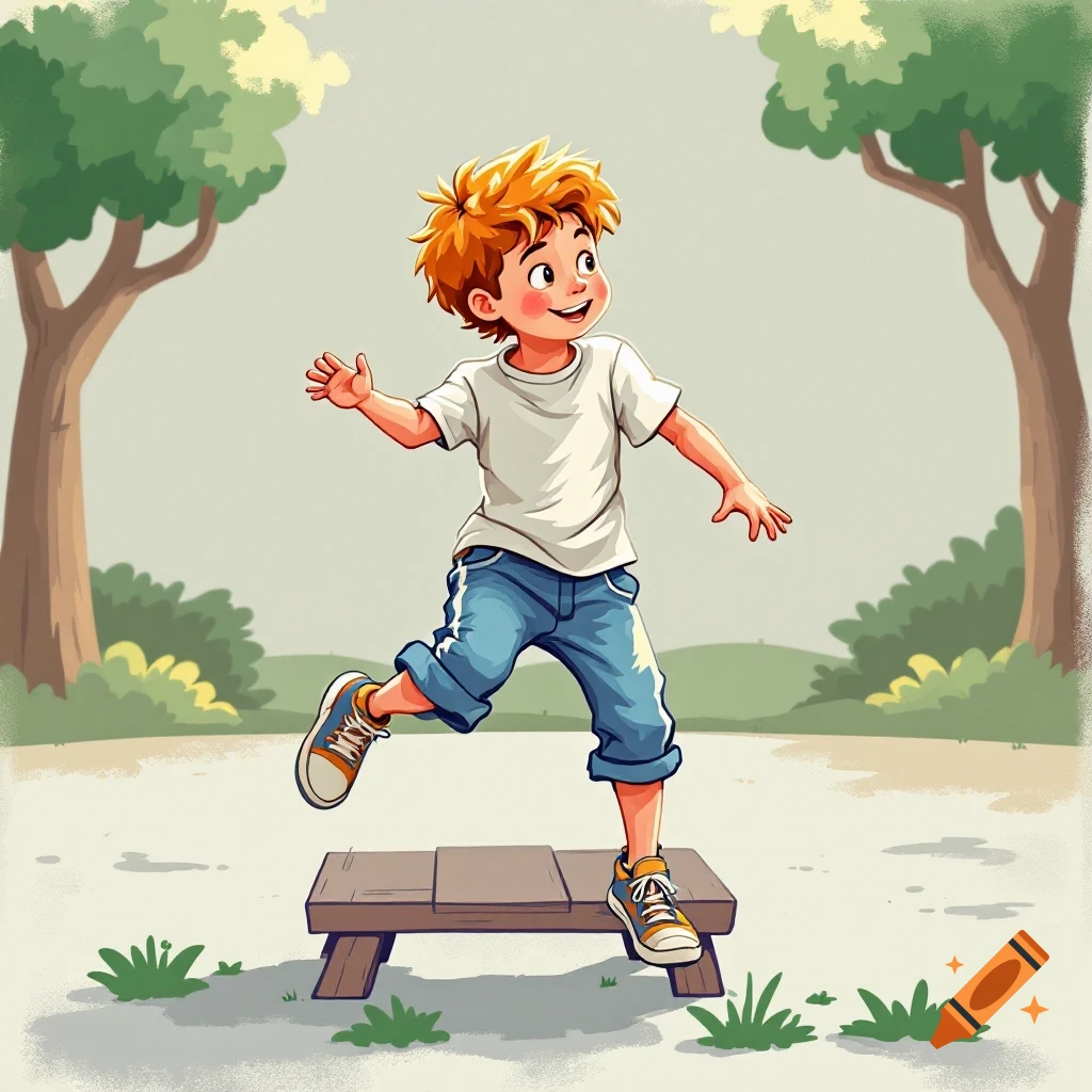 Cartoon illustration of a boy jumping on a bench in a park.