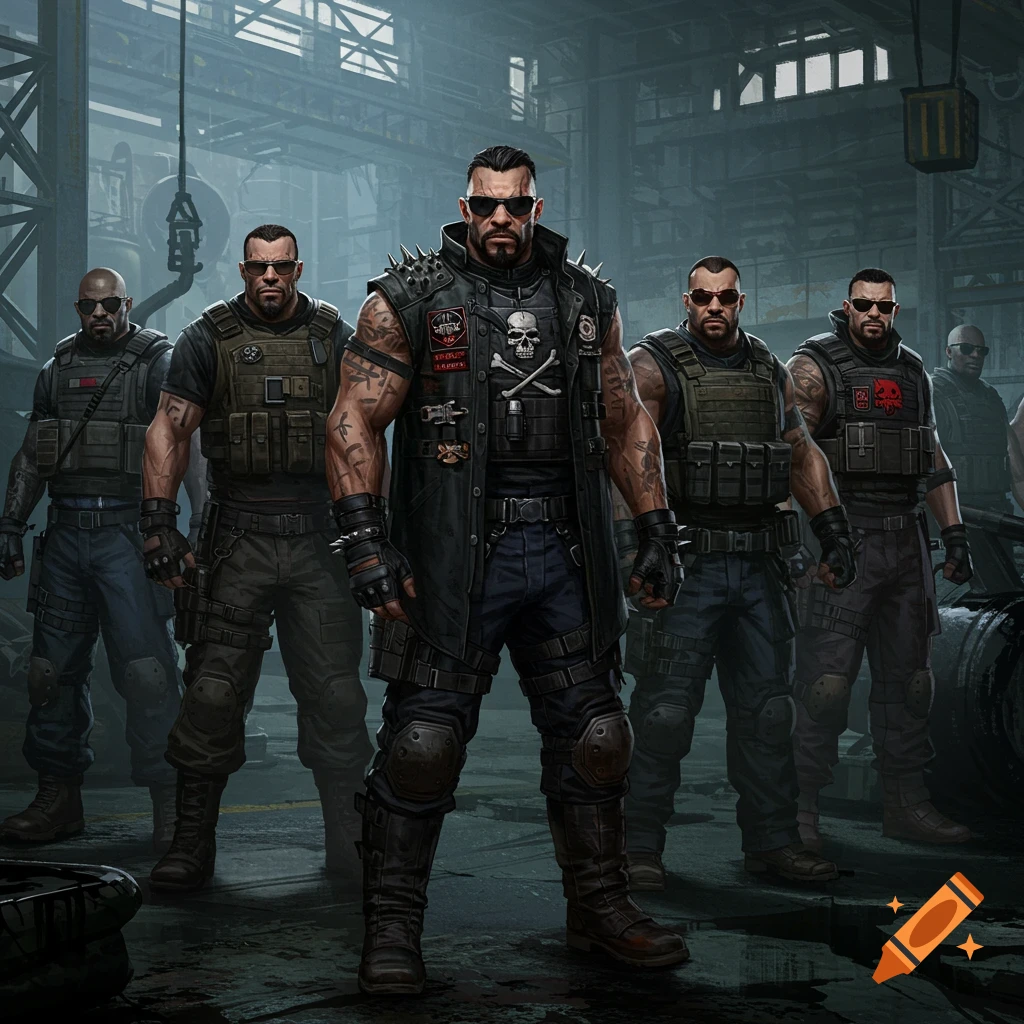 A group of muscular men in tactical gear, leather vests, and sunglasses standing in an industrial setting.