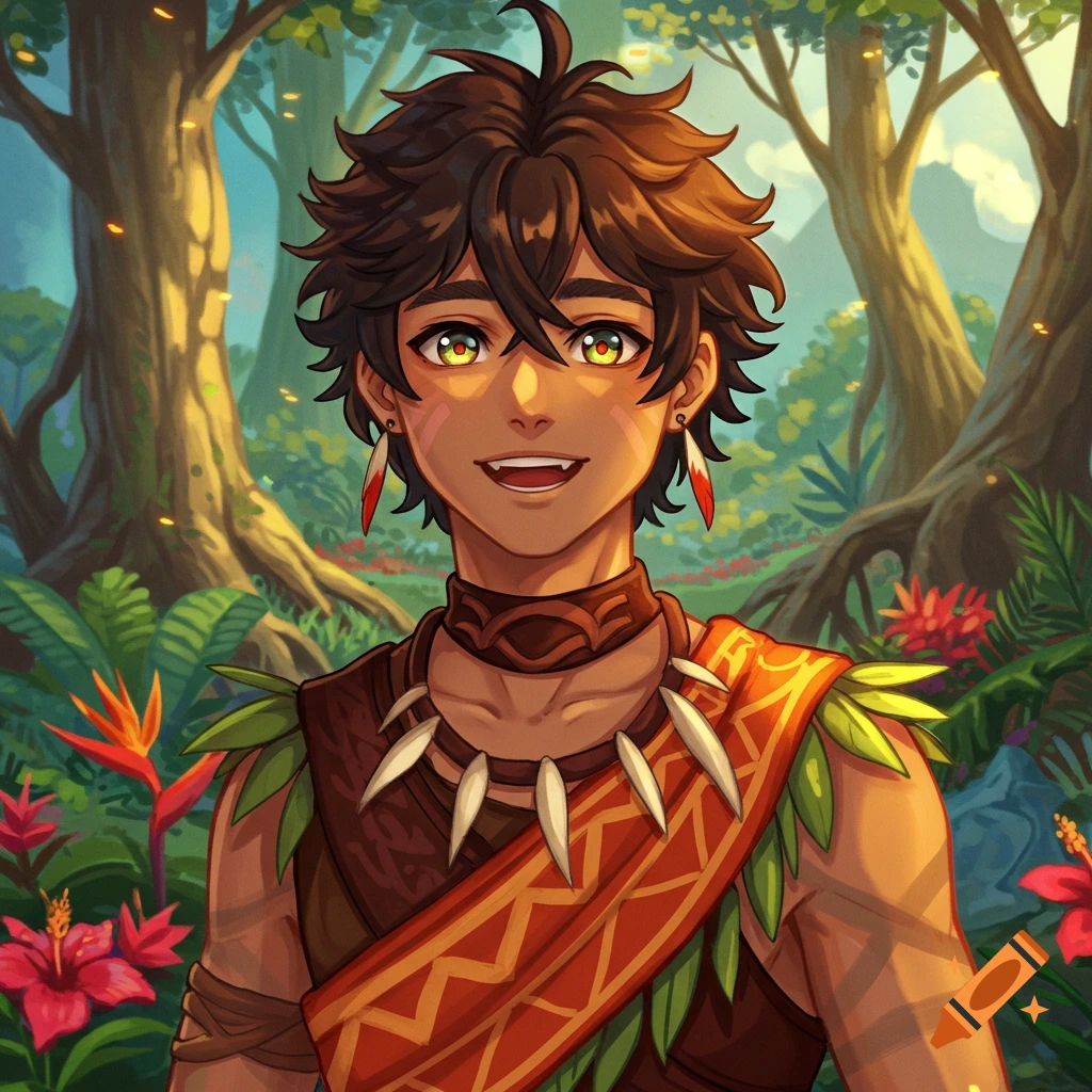 Anime portrait of a young man in tribal clothing smiling in a jungle forest