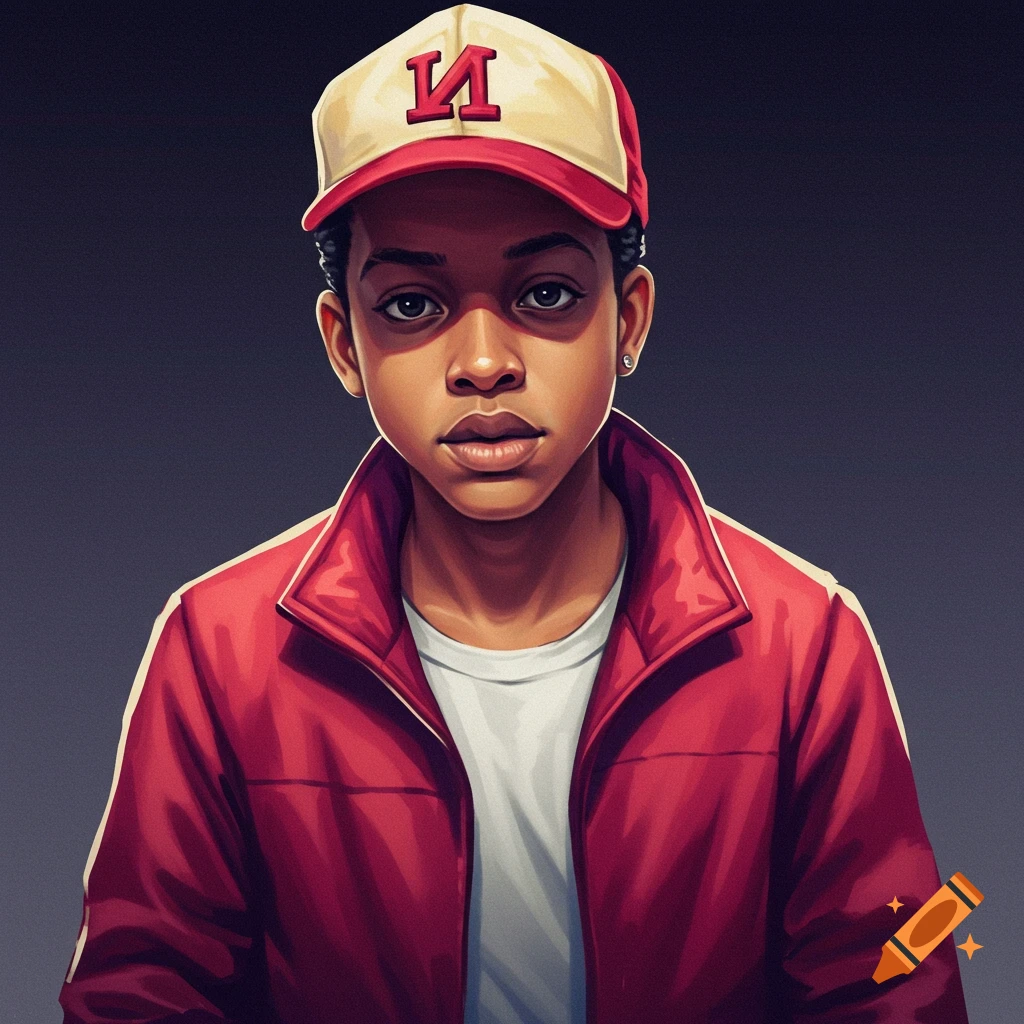 Portrait of a young person in a red jacket and baseball cap.