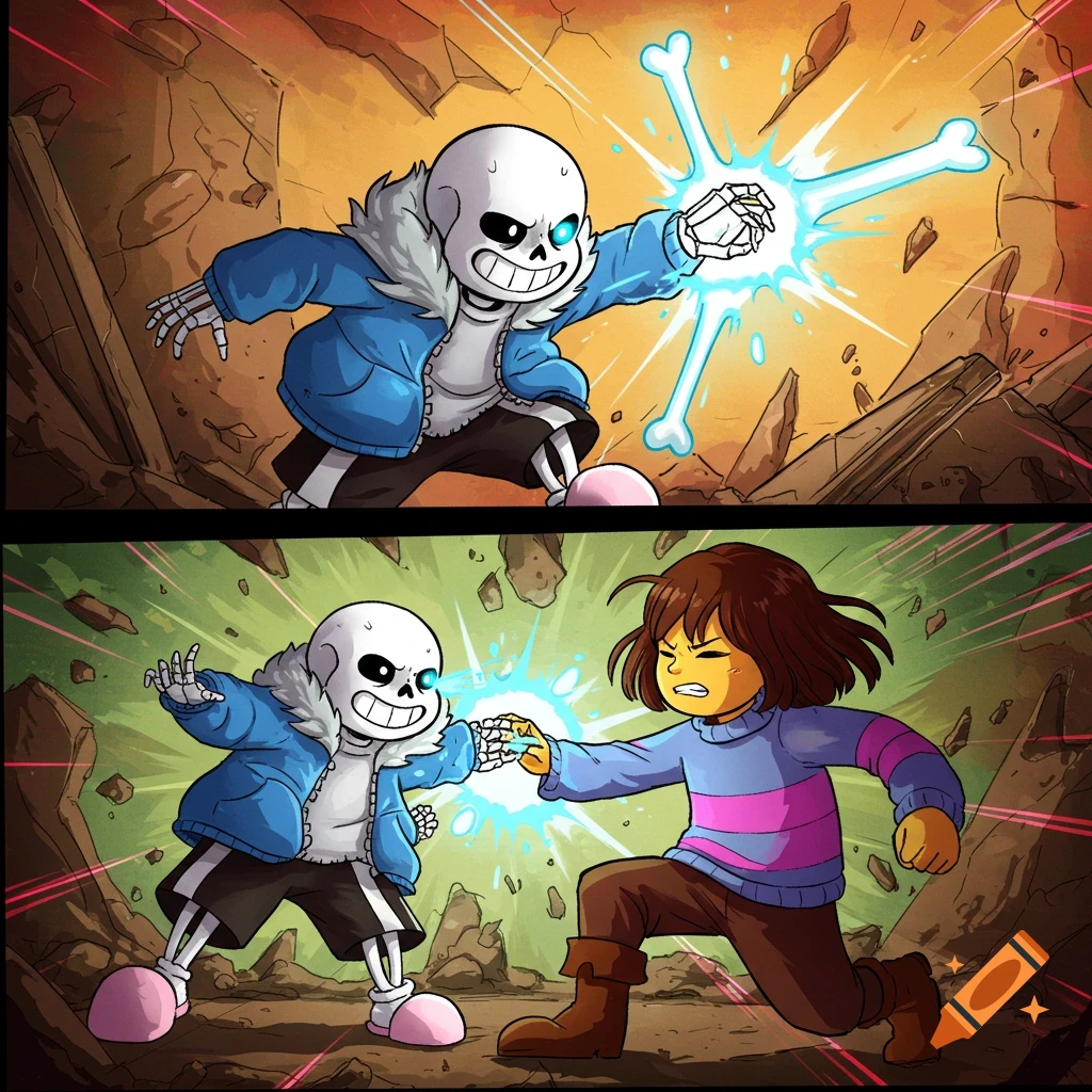 Two panels showing Undertale characters Sans and Frisk fighting.