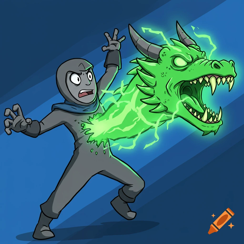 Cartoon drawing of a figure with a green dragon head emerging from their chest.