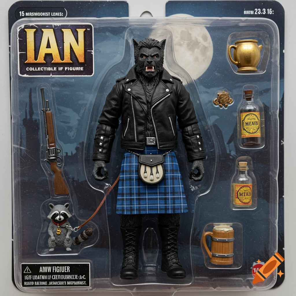Werewolf action figure in blister packaging, wearing a leather jacket and kilt, with accessories including a raccoon, rifle, mead bottles, and tankard against a night sky background.