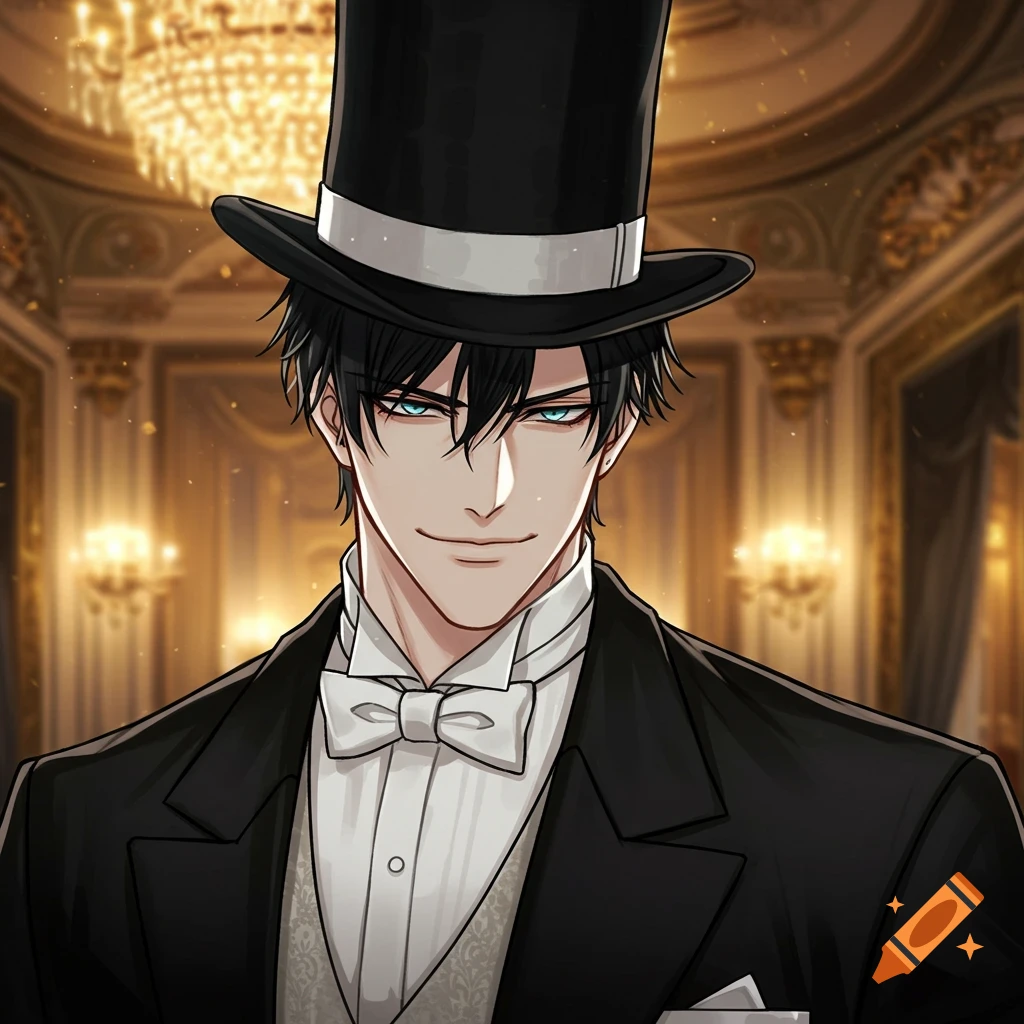 Anime-style portrait of a man in a tuxedo and top hat in a grand room.