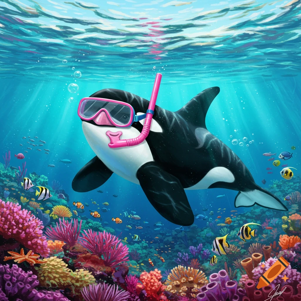 A cartoon orca whale snorkeling in a vibrant underwater coral reef. on  Craiyon, image size:1024x1024