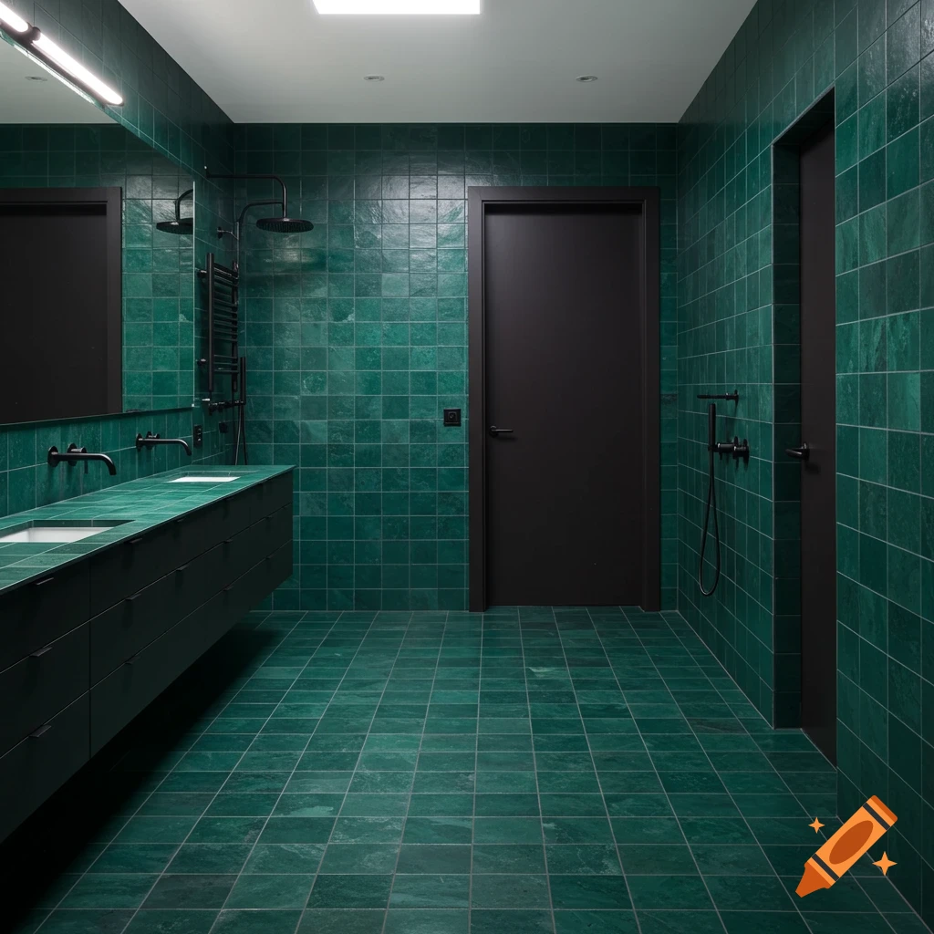 Modern bathroom with dark green tiles and black fixtures.