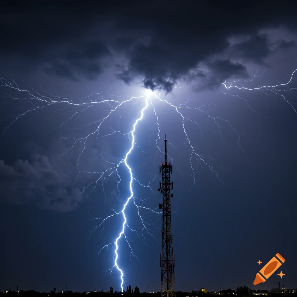 A bright lightning bolt strikes a communications tower against a dark storm sky at night.