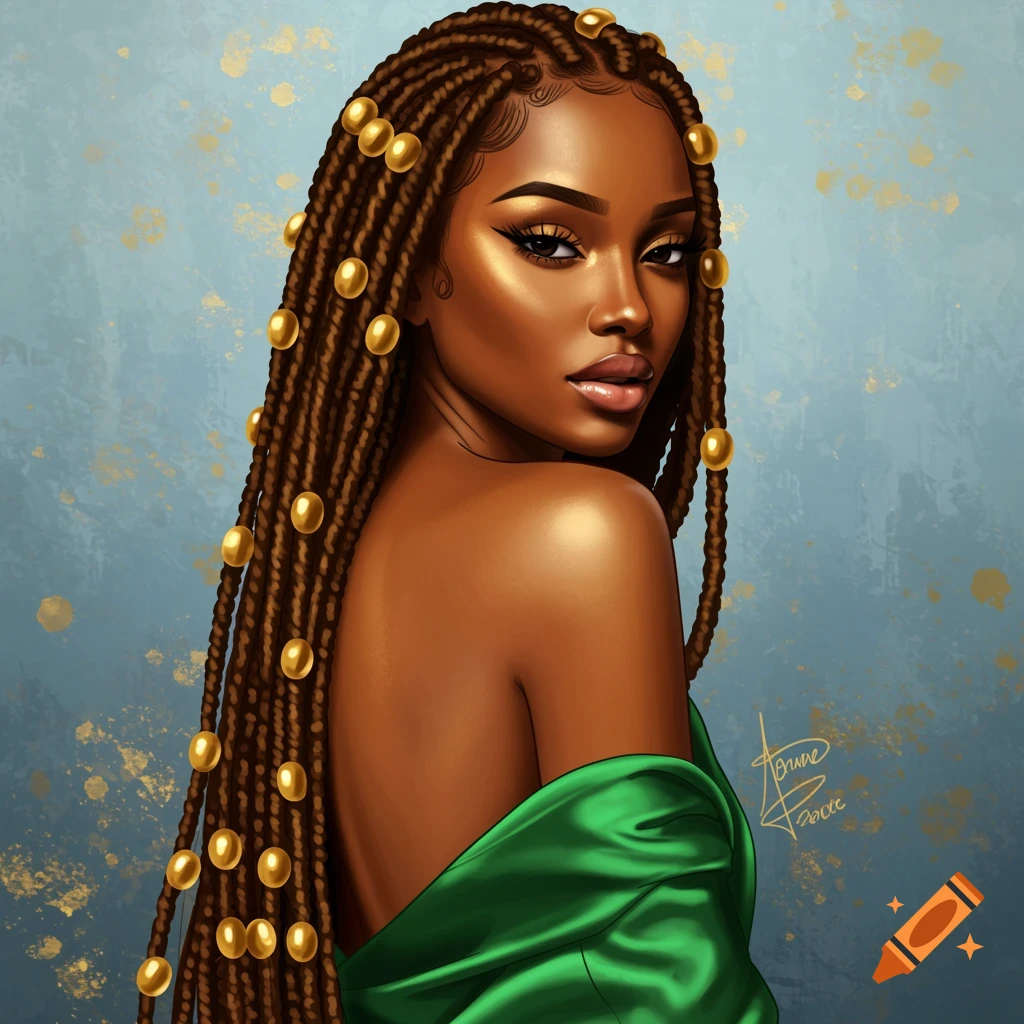 A Black woman with long gold braids and beads, wearing a green dress.