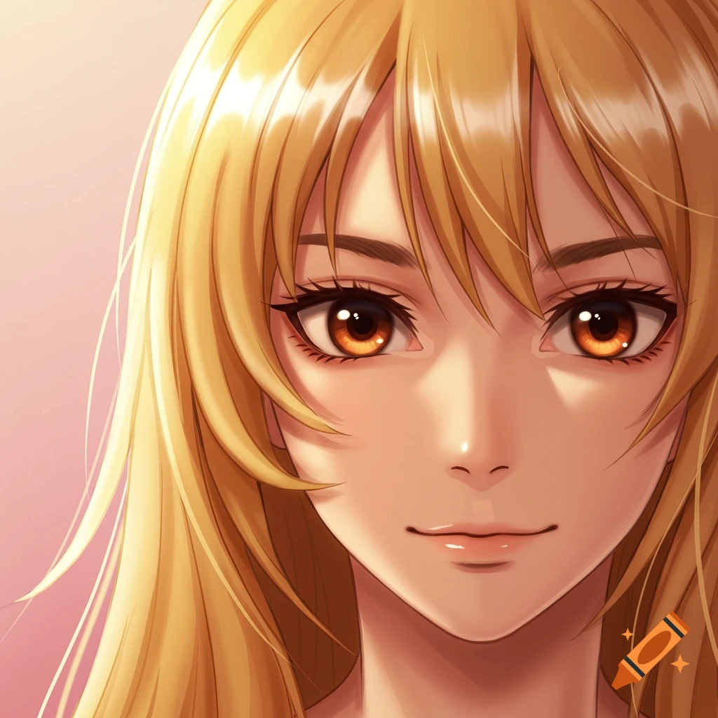Close-up anime portrait of a woman with blonde hair and brown eyes