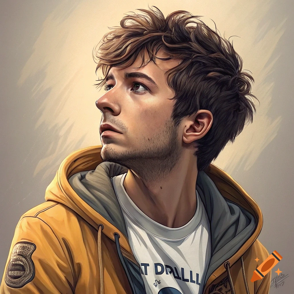 Illustration of a young man in a yellow hoodie looking up
