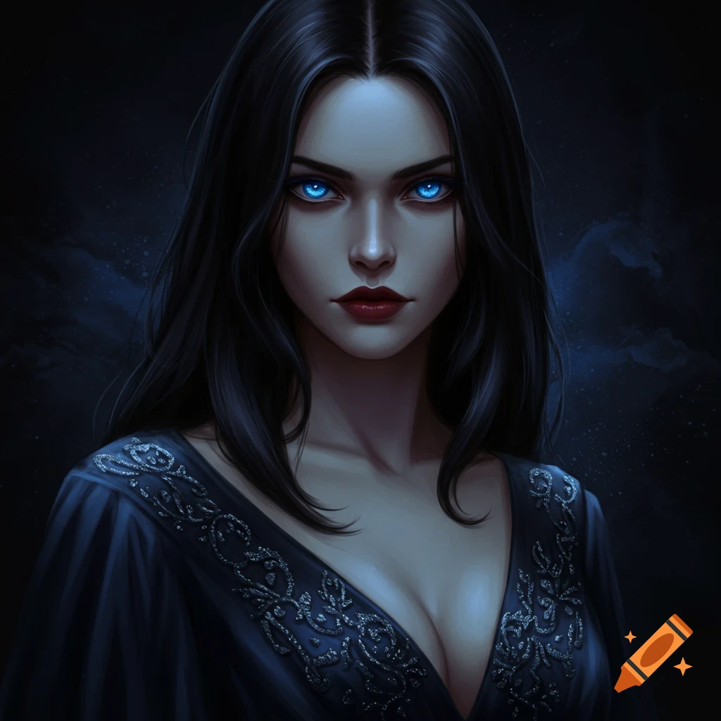 A woman with intense blue eyes and dark hair, wearing a dark, decorated dress.